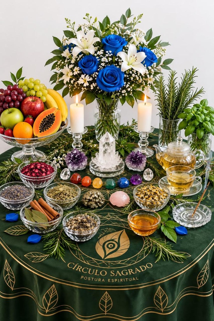 Mesa ritualística do Círculo Sagrado com rosas azuis, lírios, velas, frutas, cristais, ervas e chá